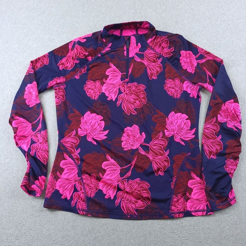 G Fore Top Womens Medium Pink Blue Floral Quarter Zip Golf Stretch Ruched Slv